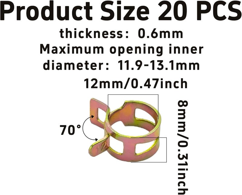 AUXBC 20Pcs 1/2inch Spring Band Type Fuel Hose Clamps, 12mm Silicone Vacuum Hose Pipe Clamp Fasteners, Water Pipe Air Tube Clamps, Fit 11.9-13.1mm OD Hose - Image 2
